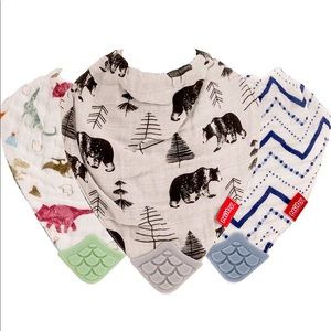 100% Natural Cotton 3Piece Teething Bib, Green/Grey/Blue, Dinosaur/Bear/Stripes